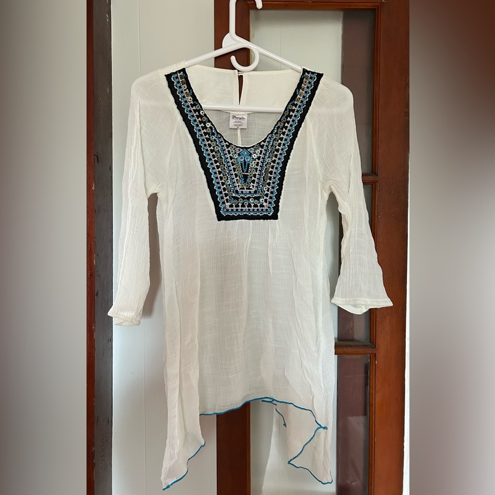 Wrangler White Tunic Top with Blue Embroidery and Metallic Beading